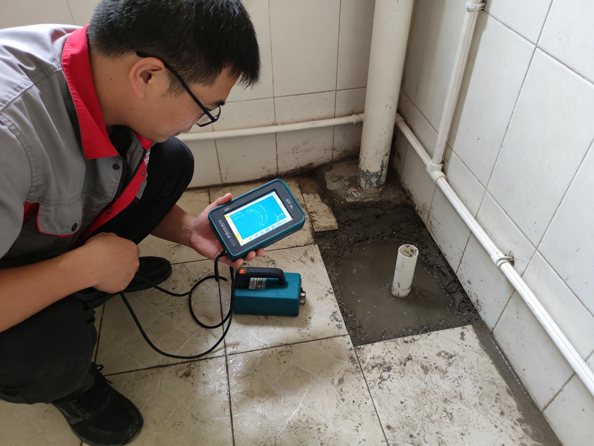 师傅使用漏水检测仪器